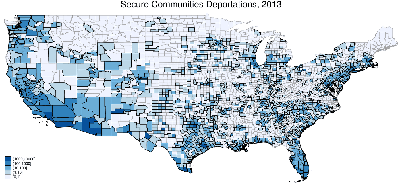 County-level map of the United States showing Secure Communities deportations in 2013